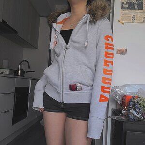 Superdry Faux Fur Gray Orange Cropped Fleece Hoodie